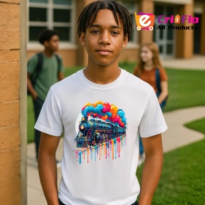 Tricou Tren cu baloane colorate si vopsea fundal alb Copii | Dama | Barbat - Img 4