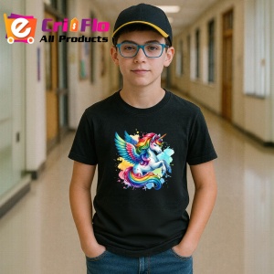 Tricou Unicorn with wings flying smile, unicorn cu aripi zambitor si colorat, Copii | Dama | Barbat , tricou negru - Img 5