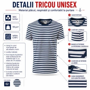 Tricou Unisex Damă și Bărbat Malfini 803 Sailor, Tip Marinăresc cu Dungi Alb–Albastru Marin, 100% Bumbac, 150 g/m², XS–3XL - Img 10
