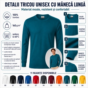 Tricou Unisex Damă și Bărbat Rimeck, Mânecă Lungă cu Manșete, 100% Bumbac, 160 g/m², S–3XL - Img 3