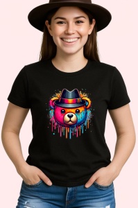Tricou Urs panda cu palarie fedora si vopsea colorata Copii | Dama | Barbat, culoare negru - Img 3