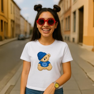 Tricou Ursulet Albastru cu emoji happy - Copii | Dama | Barbat - Img 4