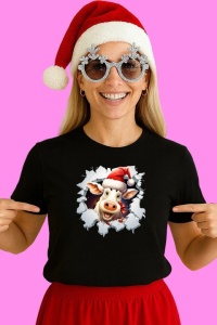 Tricou Vaca Fericita Cu Caciula Mosului Craciun, din bumbac 100% Copii | Dama | Barbat - Img 2