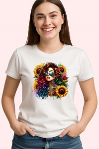 Tricou wavy hair girl cool glasses sunflower, fata cu par ondulat ochelari cool si floarea soarelui, Copii | Dama | Barbat