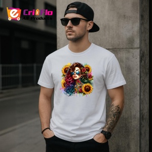 Tricou wavy hair girl cool glasses sunflower, fata cu par ondulat ochelari cool si floarea soarelui, Copii | Dama | Barbat - Img 4