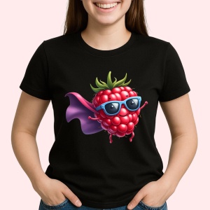 Tricou Zmeura amuzanta de vara supererou, Fructe, Copii | Dama, culoare negru - Img 2