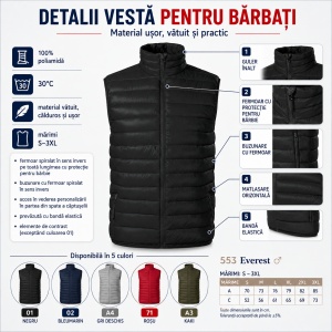 Vestă Bărbați tip Jachetă Fără Mâneci, Matlasată, Ușoară și Călduroasă – Everest 553 - Img 2