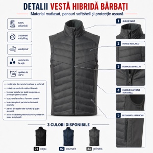 Vestă Hibridă Bărbați Matlasată cu Fermoar, Softshell, Windproof – Cross 557 - Img 2