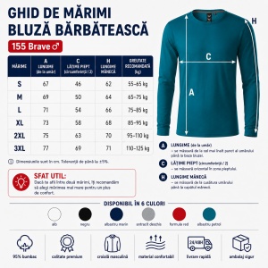 Bluză Bărbătească Brave 155 cu Mânecă Lungă, 95% Bumbac, 5% Elastan, Guler Rotund, S–3XL, 6 Culori - Img 4