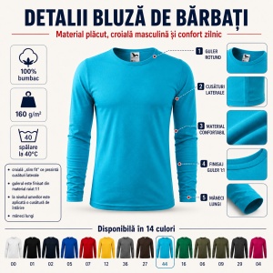 Bluză Bărbați Malfini 100% Bumbac, Mâneci Lungi, Slim Fit, 160 g/m², Guler Rotund, Mărimi S–3XL - Img 3