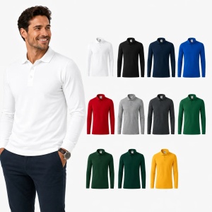 Bluză cu guler polo tip Tommy pentru bărbați, mânecă lungă, 65% bumbac