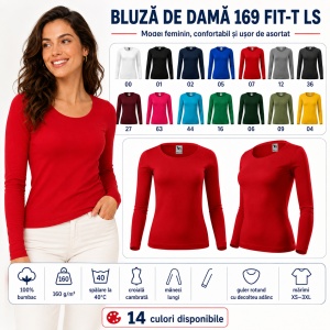 Bluză Damă cu Mânecă Lungă, 100% Bumbac, 169 Fit-T LS, slim fit cambrat – 14 Culori, XS–3XL - Img 6