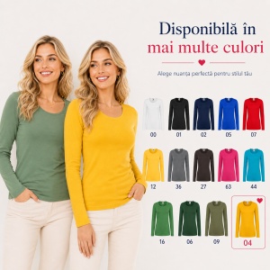 Bluză Damă decoltată din bumbac 100, slim fit cu mânecă lungă - 14 nuanțe