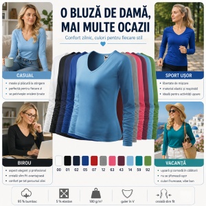 Bluză Damă Malfini Elegance 127 cu Mânecă Lungă și Guler V, 95% Bumbac – XS–3XL - Img 7
