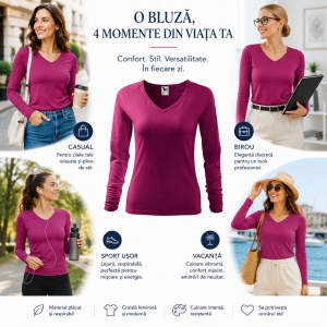 Bluză damă simplă cu guler in V din bumabac 95% - Img 4