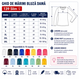 Bluză Damă Slim cu Mânecă Lungă, Bumbac 95% – 15 Nuanțe, XS–3XL - Img 3