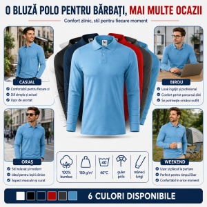 Bluză polo bărbați Malfini Single J. LS 211, mânecă lungă, 100% bumbac - Img 6