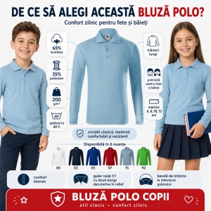 Bluză Polo Copii Malfini cu Mânecă Lungă, 65% Bumbac, Unisex Fete și Băieți, 6–12 Ani, 6 Culori - Img 2