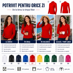 Bluză Polo Damă cu Mânecă Lungă Malfini, Croială Cambrată, Guler Polo Raiat, 4 Nasturi, 10 Culori, Mărimi XS–2XL - Img 5