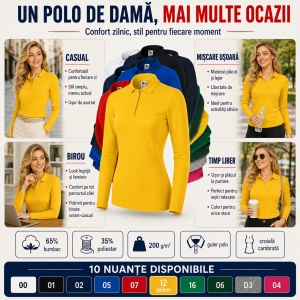 Bluză Polo Damă cu Mânecă Lungă, Slim Fit, Cambrată, Guler Pique Polo, 10 Culori, XS–2XL - Img 4