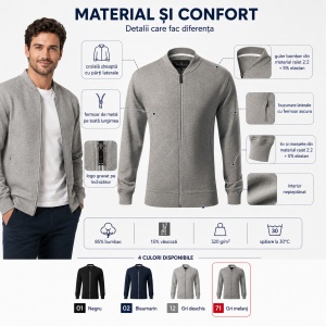 Bluză tip hanorac cu fermoar pentru bărbați, guler bomber, buzunare cu fermoar, 4 culori disponibile - Img 3