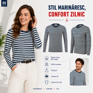 Bluză unisex damă și bărbat Malfini 807 Sailor, tip marinăresc, mânecă lungă, 100% bumbac, 150 g/m² - Img 5