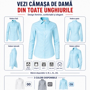 Cămașă Damă Elegantă din 100% Bumbac, Premium – Office & Business, Mânecă Lungă, Croială Cambrată - Img 8