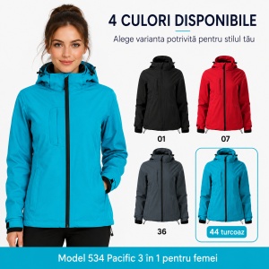 Geacă Damă tip Jachetă 3 în 1 Impermeabilă cu Glugă și Fleece Detașabil – Pacific 534