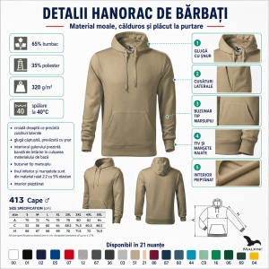 Hanorac Bărbat Malfini Cape 413, 65% Bumbac, 320 g/m², Glugă cu Șnur, Buzunar Marsupiu, 21 Nuanțe, Mărimi S–5XL - Img 5