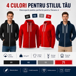 Hanorac bărbătesc cu fermoar 452 Voyage, 100% bumbac, 320 g/m², glugă cu șnur, buzunar marsupiu, 4 culori, mărimi S–3XL - Img 9