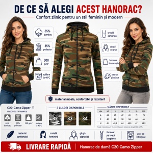 Hanorac Camuflaj Damă cu Glugă și Fermoar Malfini C20 Camo Zipper – 300 g/m² - Img 2