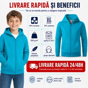 Hanorac Copii Băiat sau Fată cu Fermoar și Glugă – 65% Bumbac, Interior Pieptănat, 300 g/m² | 6–12 Ani - Img 5