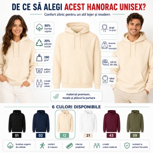 Hanorac unisex cu glugă pentru damă și bărbat, bumbac organic, 280 g/m² - Img 2