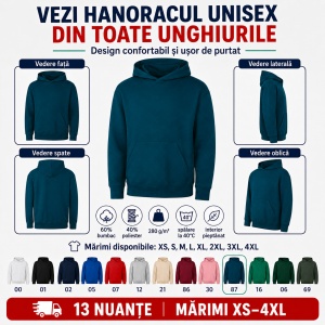 Hanorac Unisex Damă și Bărbați cu Glugă – 60% Bumbac, Interior Pieptănat, 280 g/m², XS–4XL - Img 6