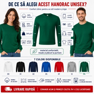 Hanorac unisex fără glugă tip bluză, pentru damă și bărbat, 260 g/m² - Img 2