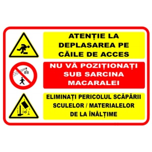 Indicator Panou atentie la deplasarea pe caile de acces nu va pozitionati sub sarcina macaralei eliminat pericolul scapari sculelor si materialelor de la inaltime, Sticker autocolant