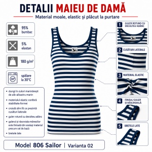 Maieu Top Damă Marinăresc cu Dungi Alb, tricou fără mâneci -Albastru Marin – Malfini 806 Sailor, 95% Bumbac, Slim Fit - Img 10