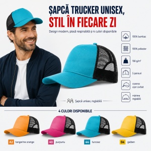 Șapcă Trucker pentru Bărbați, Reglabilă, cu Plasă – 100% Bumbac, unisex, 5 Panouri, Cozoroc Curbat