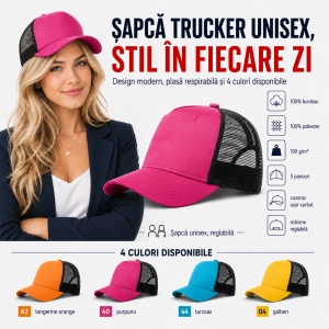 Șapcă Trucker Unisex, Damă, Reglabilă, cu Plasă – 100% Bumbac, 5 Panouri, Cozoroc Curbat