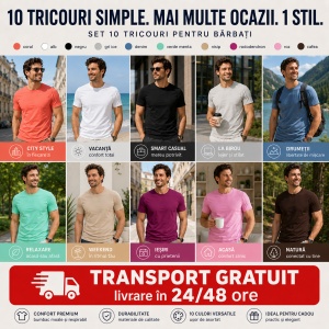 Set 10 Tricouri Bărbați 100% Bumbac – Multicolor, Coral, Alb, Negru, Gri Ice, Denim, Verde Mentă, Nisip, Rododendron, Roz și Cafea | S-3XL - Img 6