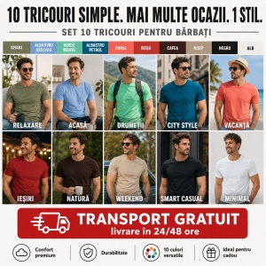 Set 10 Tricouri Bărbați 100% Bumbac Extra Calitate – Khaki, Albastru Deschis, Verde Mentă, Albastru Petrol, Coral, Roșu, Negru, Gri Ardezie, Gri Ice și Alb - Img 6