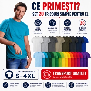 Set 20 Tricouri Bărbați 100% Bumbac, Multicolor, Croială Regular Fit, Mărimi S - 3XL, Transport Gratuit - Img 5