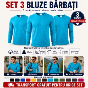 Set 3 Bluze Bărbați 100% Bumbac, Mâneci Lungi, Slim Fit, 160 g/m², Aceeași Culoare, 14 Culori Disponibile, Mărimi S–3XL - Img 10