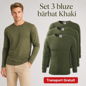 Set 3 Bluze Bărbați 100% Bumbac, Mâneci Lungi, Slim Fit, 160 g/m², Aceeași Culoare, 14 Culori Disponibile, Mărimi S–3XL - Img 20
