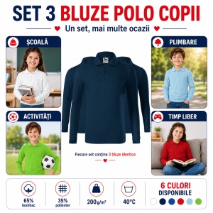 Set 3 Bluze Polo Copii Malfini cu Mânecă Lungă, 65% Bumbac, Unisex Fete și Băieți, 6–12 Ani, 6 Culori - Img 2