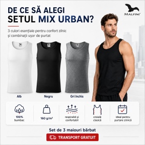 Set 3 Maiouri Bărbat Mix Urban Alb Negru Gri Închis, Maieu Sport 100% Bumbac, Tricou Fără Mâneci, Mărimi S 2XL - Img 2