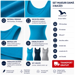 Set 3 Maiouri Damă Tip Top din Bumbac – Turcoaz, Albastru Marin și Gri | Tricouri Fără Mâneci pentru Femei - Img 7