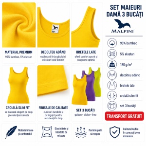 Set 3 Maiouri Damă Tip Top din Bumbac cu Elastan – Tricouri Fără Mâneci, galben, violet, lime | XS-2XL - Img 5