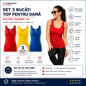 Set 3 Topuri Damă Malfini Triumph 136 Roșu Galben Albastru 95% Bumbac Slim Fit XS–2XL, tricou fara maneci tip maiou - Img 5