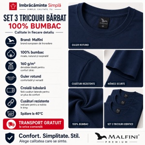 Set 3 Tricouri Bărbat Malfini, 100% Bumbac, 160 g/m², 48 Nuanțe, Mărimi XS–5XL, Transport Gratuit - Img 3